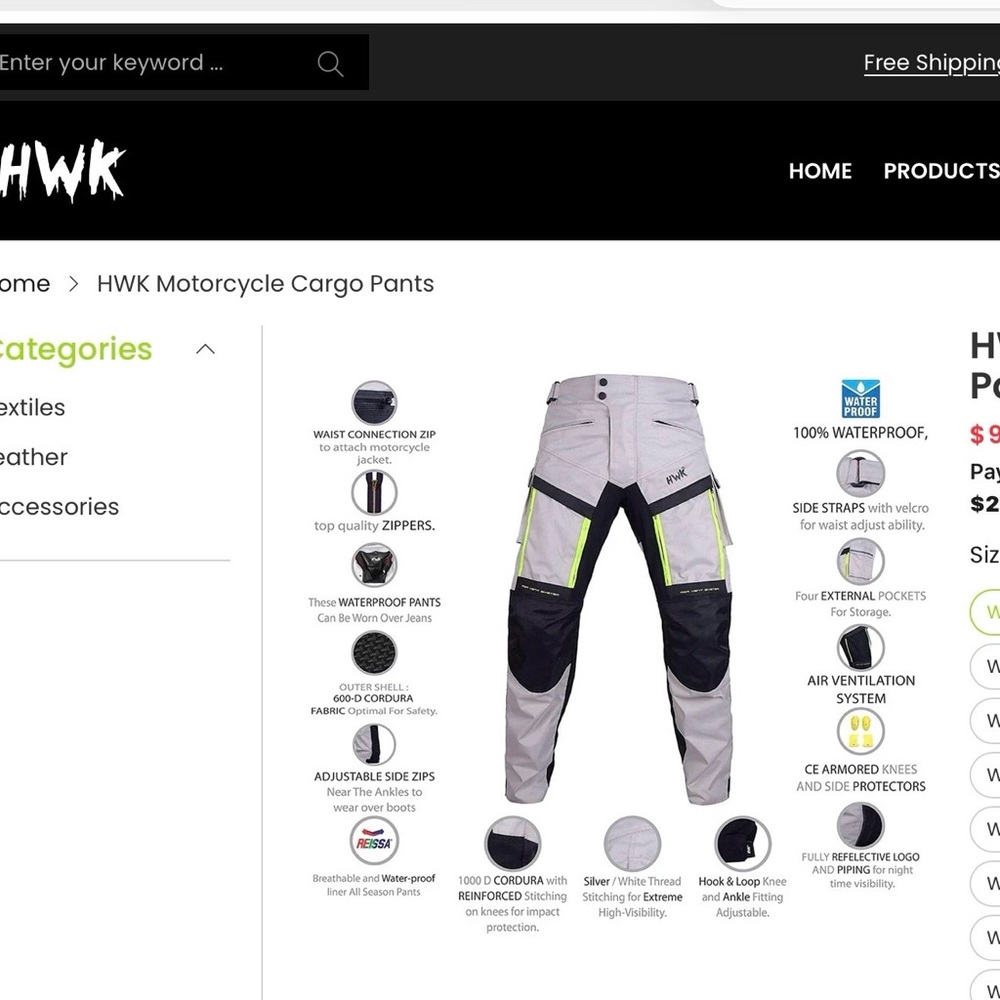 HWK MOTORCYCLE CARGO PANTS. EXTRA LARGE Waste 36 inseam 34. New with tags.